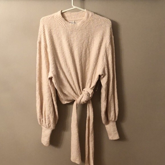 FREE PEOPLE BEACH SZ XS IVORY OVERSIZED RIBBED TIE FRONT LONG SLEEVE TOP - Picture 2 of 9